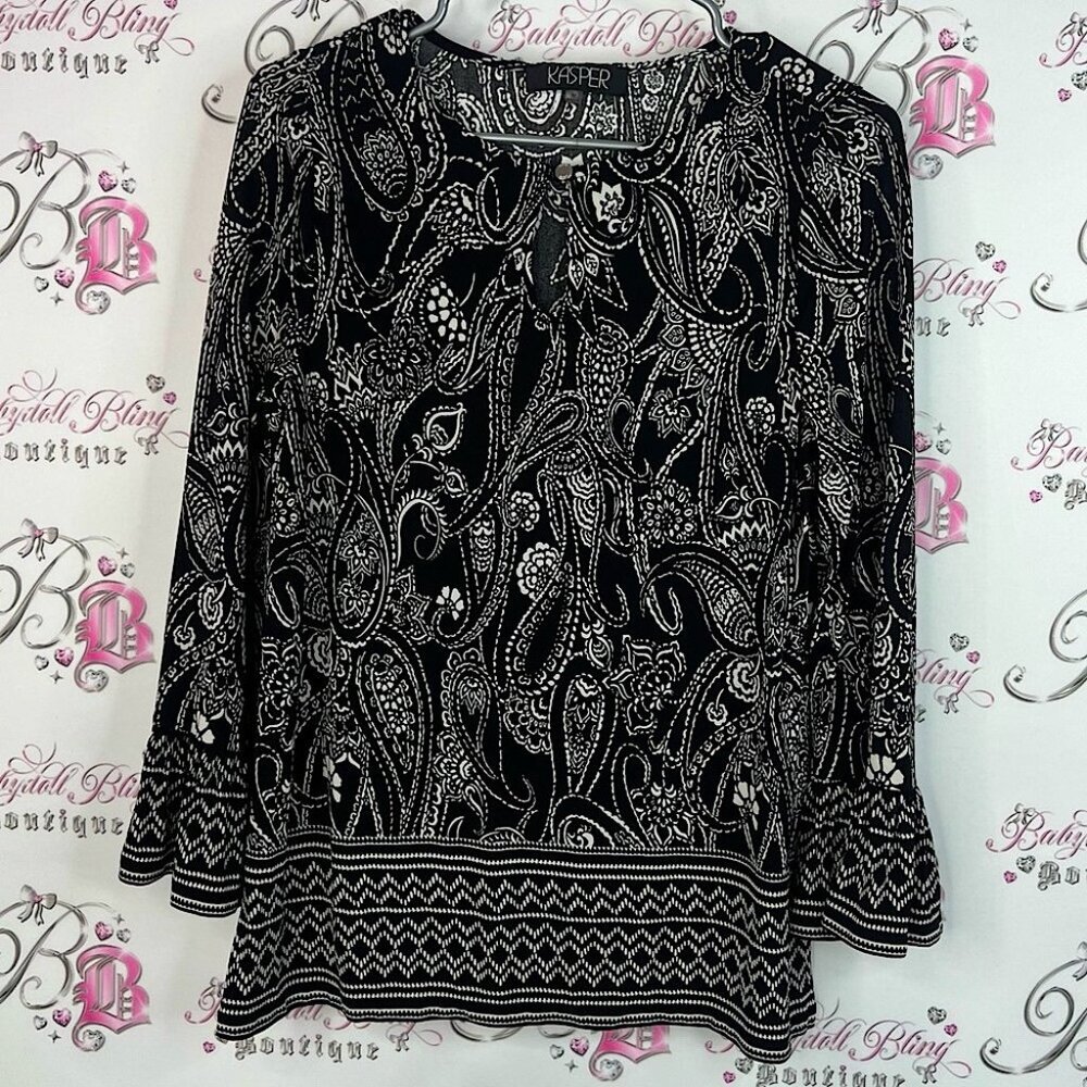 Kasper long sleeve blouse bell bottom sleeves Black and White Paisley Blouse